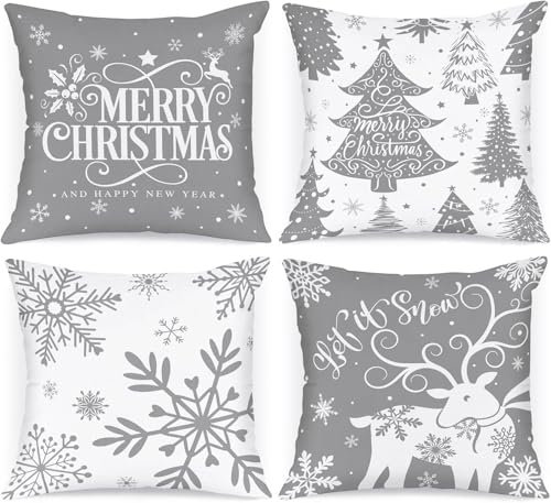ALINK 4 Stück Kissenbezug Weihnachten,Winterliche Schneeflocken Dekorative Weihnachtskissen, Leinen weihnachtsdeko Kissenbezug 45x45cm -Weiß und Grau
