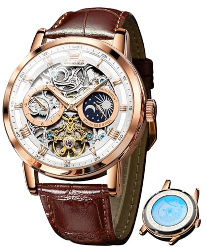 OLEVS Skeleton Herren Automatische Mechanische Uhren Leder Mondphase Selbstaufziehend Luxus Anzug Wasserdicht Leuchtende Armbanduhren für Herren