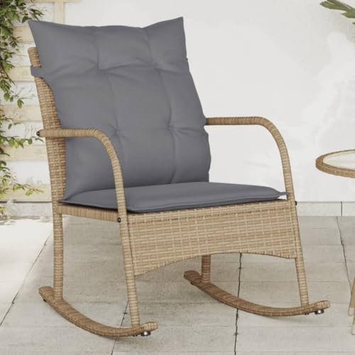 Somanki Garten-Schaukelstuhl mit Kissen Beige Poly Rattan, Schaukelstuhl Outdoor, Rocking Chair, Relaxsessel, Gartenschaukelstuhl, Schwingstuhl, Terrassenschwungstuhl - 369021
