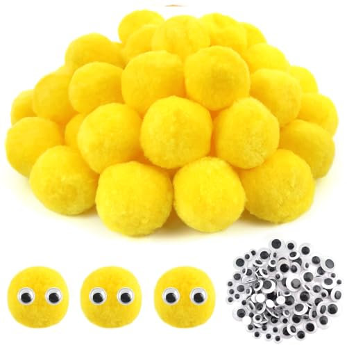 TOAOB 50 Stück Pompons zum Basteln Groß 5 cm Gelb Pompom Flauschigen Plüsch set Bälle Kunst Bommel mit Selbstklebend Wackelaugen für Dekorieren Verzieren Nähen DIY Lustige Kreativen Handwerk