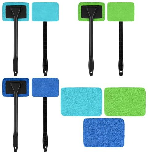 Defresit Car Windscreen Cleaner Brush, 3 PCS Car Window Cleaner with 6 Washable Microfiber Pads, Long Handle Microfiber Car Windscreen Cleaner Tool Cloth Demister Pad for Fog Moisture Removal