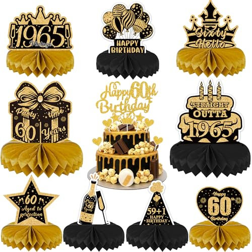 60th Birthday Table Decorations for Men - Black and Gold Party Supplies Honeycomb Centerpieces Cake Toppers for Women, 17 Pieces Cheers to 60 Years Vintage 1965 Decor Happy 60th Birthday