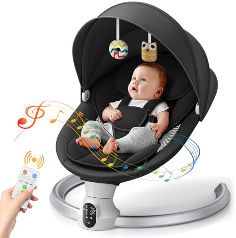 Aomdom Babyschaukel, elektrisch, ab der Geburt bis 9 kg, Babywippe, mit Fernbedienung und kabellos, für App-Steuerung, Schwarz