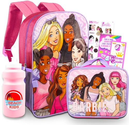 Barbie 16 Backpack with Lunch Box Set - Multicolor, Pink, School Backpack for Girls, Kids, Includes Insulated Lunch Box, Water Bottle, Stickers
