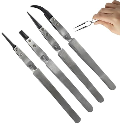 Pince à Épiler Pincettes Antistatique en Acier Inoxydable Pince Brucelle avec Pointes en Plastique Antistatiques - Outils de Précision pour Électronique, Bijouterie, Modélisme et Cosmétique