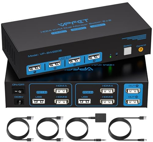 4K60Hz HDMI KVM Switch 2 Monitores USB2.0 Conmutador KVM Modo de Copia y el Modo de Extensión Para Dos Computer que Comparten Dual Monitor y Cuatro Dispositivo USB con 2 Cables USB