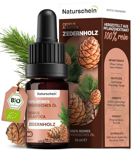 Naturschein BIO Zedernholzöl 10ml [100% Naturrein] | Ätherisches Öl für Aromatherapie, Hautpflege & Haushalt | Vielseitig anwendbar (Cedrus atlantica)