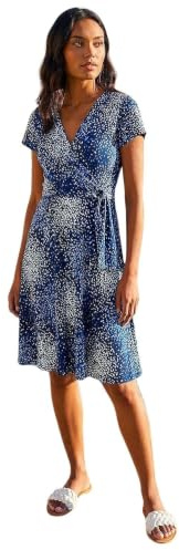 Roman Originals Wrap Dress for Women UK Ladies Swing Skater Fit & Flare A Line Tea Stretch Knee Length V-Neck Holiday Summer Smart Casual Work Party Evening - Abstract Navy - Size 16