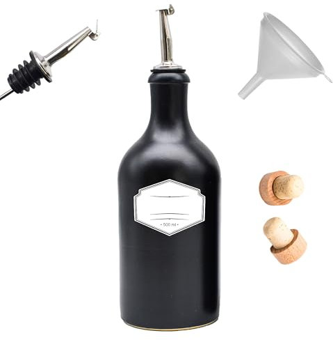 Ölflasche mit Ausgießer 500 ml Keramik, Holzkorken, Ø 8 cm Trichter und wasserfestes Etikett - Made in Germany