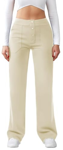 Friptspyg Hose Damen Hohe Taille Weite Hose Knopf Gerades Bein Hose Casual Arbeit Hose Stretch Yogahose mit Taschen
