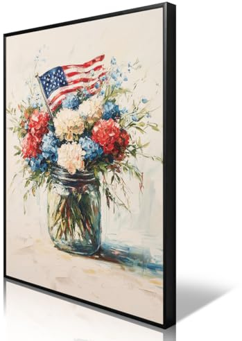 American Flag Canvas Wall Art, 4th of July Patriotic Poster Print, USA Flag and Colorful Vase Flowers Picture, Rustic Independence Day Wall Decor for Bedroom Living Room 12x16in Unframed