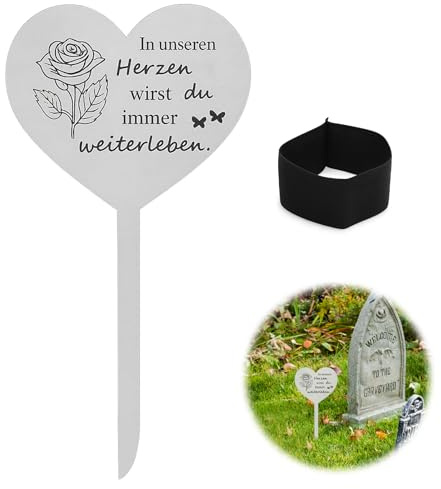 Grabschmuck Wetterfest Edelstahl, Grabdekoration Wetterfest Wetterfest, 304 Spiegelglanz Grabdeko Grab Deko Wetterfest Immer In Unseren Herzen, 12 x 28 cm Grabstecker mit Trauerflor Armband Schwarz