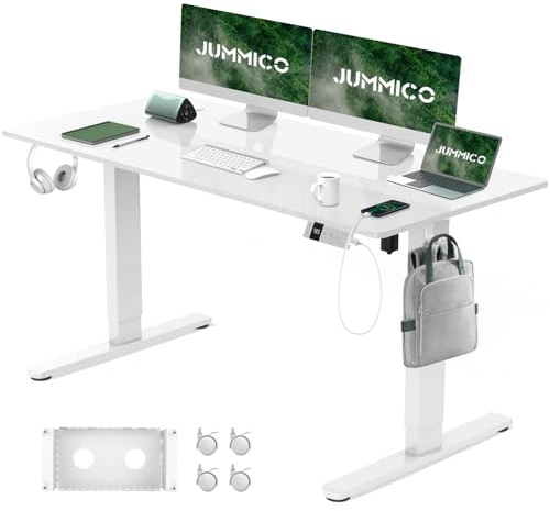 JUMMICO Höhenverstellbar Schreibtisch 140x80 cm, Schreibtisch Höhenverstellbar 72-118 cm mit USB-Ladeanschluss, PC-Tisch mit Kabelmanagement, Ergonomischer Sitz-Steh-Tisch für Homeoffice, Weiß
