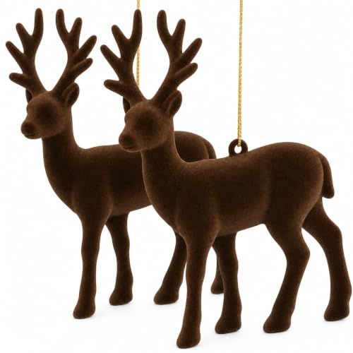 MIJOMA Dekoanhänger 2er Set Hirsch beflockt aus Kunststoff 13x10cm – Weihnachtsdeko Hänger in Trendfarben Samtoptik – Weihnachtsbaum Anhänger modern & stilvoll (Dunkelbraun)