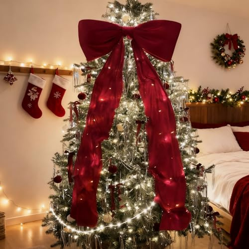 Schleife Weihnachten180cm Lange Samt Schleife - Extra Große Schleifen Weihnachtsbaum Topper - Wiederverwendbare Weihnachtsdekoration für Baum, Treppe & Tür (Rot)