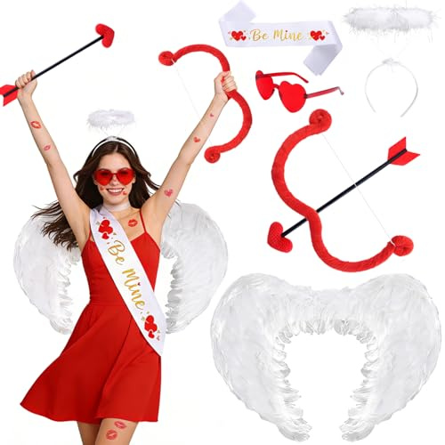Beipegin Amor-Kostüm Engelsflügel Amor Bogen und Pfeil Herz Brille Heiligenschein Stirnband Valentinstag Schärpe Valentinstag Kostüm Party Requisiten