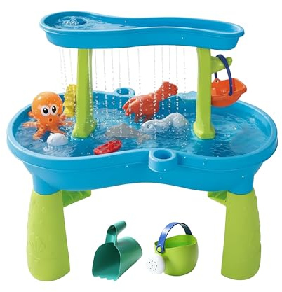 Relaxdays Wasserspieltisch 2 Etagen, viel Zubehör, HxBxT: 62x57x37 cm, Matschküche für Wasser & Sand, Kunststoff, bunt