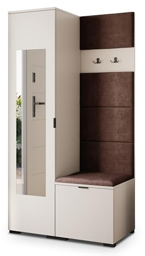 Masseno Flugarderoben Set VIRA, Kleiderschrank-Set mit Spiegel und Sitzbank, Garderobenschrank Flur mit 3 Regalböden, Kaschmir