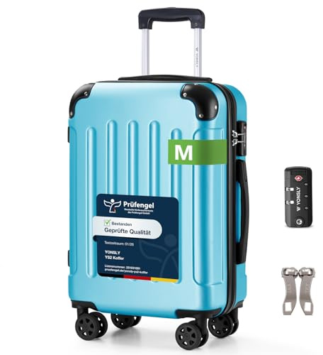 YONSLY Suitcase, TSA-Schloss YKK-Reißverschluss Reisekoffer, Hartschalenkoffer, Gepäck Trolley, Kabinenkoffer, 4 Rollen Rollkoffer Handgepäck (Hellblau, M)