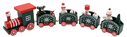 TRIXES Dekorativer Weihnachts-Dampfzug aus Holz, rote und grüne Festtagsdekoration, weihnachtliche Holzdekoration