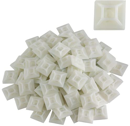 100 Pack of White Cable Tie Bases - 28mm x 28mm - Premium Adhesive Fixing Mounts by Gocableties