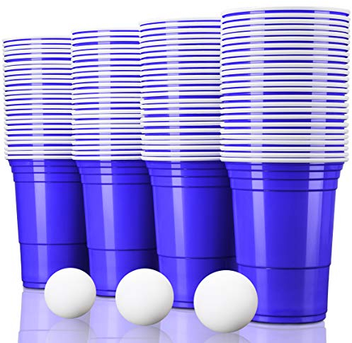 TRESKO 40 Beer Pong Becher + 6 Bälle | Partybecher 473ml - 16oz | Bierpong, Red Cups extra stark | Plastikbecher Blau
