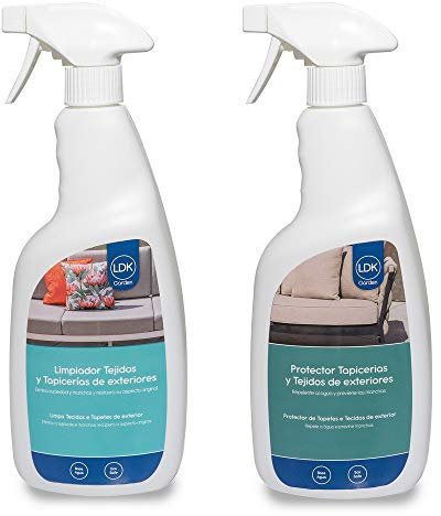 Pack Ecológico PROFESIONAL Limpia y Protege Tapicerias y Textil de Exterior| Limpia, Restaura y Protege de Moho y Manchas | 2 envases de 750cc cada uno | para Cojines, tapicerías | Limpieza LOLAhome