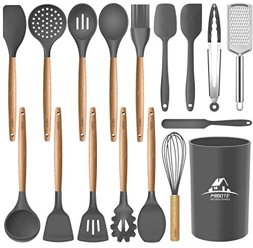 Mibote 17 Pcs Silicone Cooking Kitchen Utensils Set with Holder, Wooden Handles BPA Free Non Toxic Silicone Turner Tongs Spatula Spoon Kitchen Gadgets Utensil Set for Nonstick Cookware (Grey)