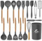 Mibote 17 Pcs Silicone Cooking Kitchen Utensils Set with Holder, Wooden Handles BPA Free Non Toxic Silicone Turner Tongs Spatula Spoon Kitchen Gadgets Utensil Set for Nonstick Cookware (Grey)