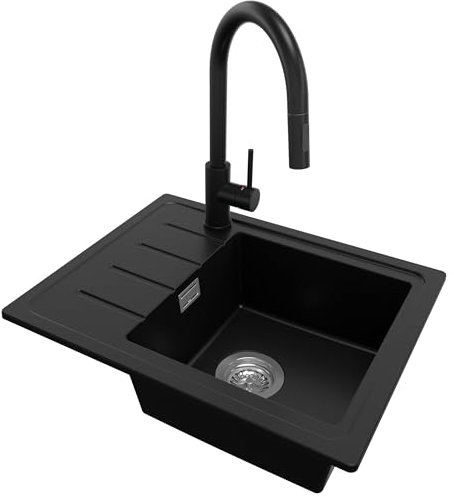PRIMAGRAN Evier Cuisine en Granit Noir 55x44cm, Lavabo 1 bac + Robinet 40x20cm + Kit de Vidage, Évier à Encastrer al mueble 45cm - Copenhague Easy S013