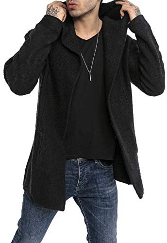 RED BRIDGE Cardigan da Uomo Giacca Lunga Cappotto con Cappuccio Nero L
