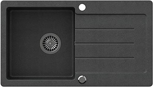 VBChome Fregadero de granito negro, 77 x 44 cm, empotrable, reversible, con sifón