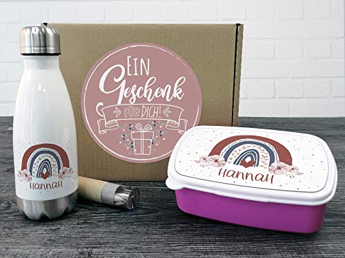 GRAZDesign Brotdose und Trinkflasche Set für Mädchen Regenbogen | personalisierte Lunchbox mit Trennwand Wasserflasche Edelstahl 350ml | Geschenk zur Einschulung