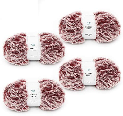 Pretty Jolly 4 Knäuel Kunstfell Garn Super Soft Chunky Flauschiges zum Häkeln Stricken Wimperngarn Polyester Weinrot mit Weiß