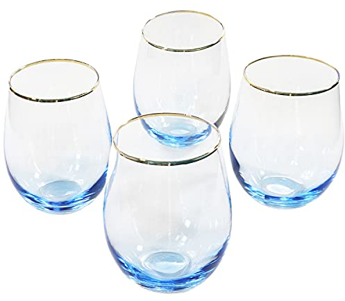 G Decor Set of 4 Radiance Ombre Gold-Rim Tumbler Drinking Glasses Sapphire Lagoon 600ml