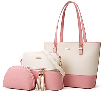 PORRASSO Femme Sac a Main Sacs Fourre-Tout de Mode Grand Sac D'épaule Sac Bandoulière 3 Pièces Sac Cabas pour L'école Bureau Travail Rose