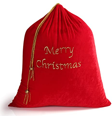 BELLE VOUS Großer Weihnachtssack zum Befüllen mit Kordelzug - 75 x 89 cm - Roter Samt-Geschenke Sack zum Verpacken/Aufbewahren von Weihnachts-Geschenken & Deko - Weihnachtsmann Sack XXL