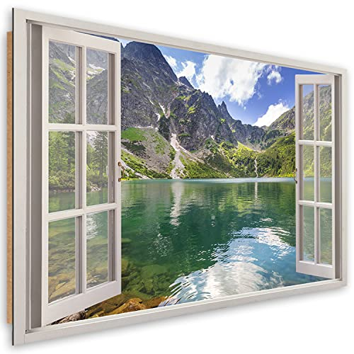 Feeby - Wandbilder Wohnzimmer 60x40 cm, Deko Paneel Bilder, Bilder für Schlafzimmer, Echter Gemalter Effekt, Moderne Wanddeko, Gemälde - Fensterblick See, Wald, Berge - Grün
