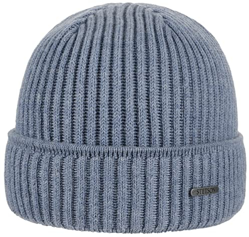 Stetson Parkman Mütze - Strickmütze Damen/Herren - Wintermütze aus 100% Merinowolle - Made in The EU - One Size 54-62 cm Umschlagmütze - Wollmütze Herbst/Winter - Rippmütze hellblau One Size