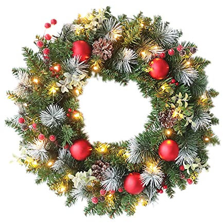 Couronnes et Guirlandes de Noël XXL, Couronne de Noel Porte Exterieur Lumineuse, Couronne Artificielle avec Boules de Noel & Pommes Pin, Decoration Noel Interieur Guirlande Epicéa LED (C, 40CM)