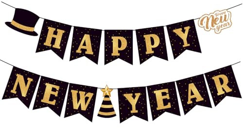 Happy New Year 2024 Banner, Schwarz und Gold Happy New Year Party Supplies, Hängende Wimpelkette für Silvester Party Lieferant Dekorationen - Home Holiday Dekorationen