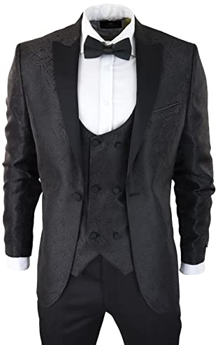 TruClothing.com Mens Paisley Tuxedo Blazer and Waistcoat Brocade Dinner Jacket Satin Black Blue