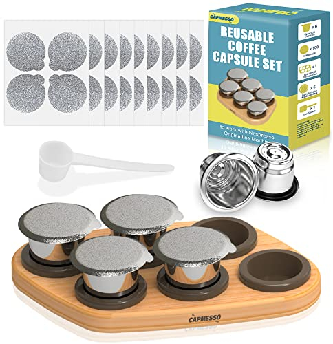 Capmesso Wiederverwendbare Kapseln für Nespresso OriginalLine, 6pcs Nespresso Nachfüllkapseln Edelstahl Kaffeekapseln Kompatibel mit Nespresso Originaline Maschine (6 Kapseln+100 Deckel+ Holzablage)