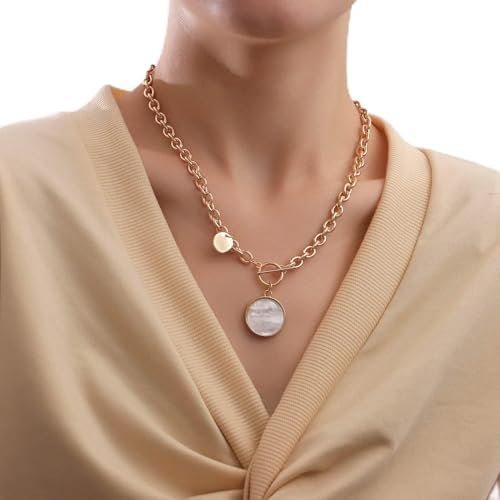 TseenYi Punk Chunky Toggle Halskette Gold Disc Anhänger T Verschluss Halskette Kreis Opal Anhänger Halskette Schmuck Für Frauen Und Mädchen Geschenke