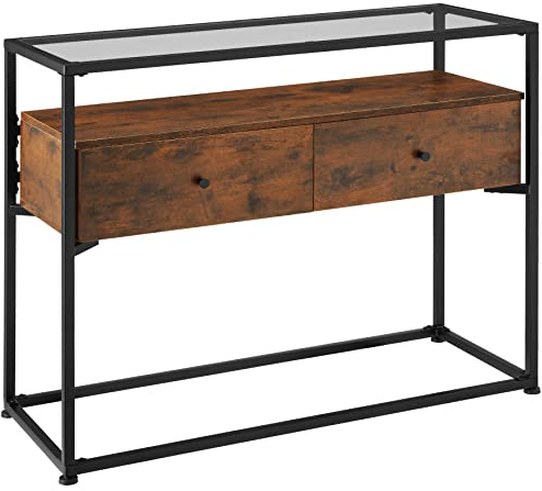 tectake® Konsolentisch schmal, Regal Kommode mit Glasplatte + Schubladen, 101,5x41,5x80,5cm, Sideboard mit 2 Ablagen, Beistelltisch, Wohnzimmer Möbel, Flur Möbel, Industrial Dunkelbraun