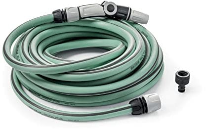 G.F. SRL RECO Schlauch, 25 m Bewässerungsschlauch Ø 5/8” mit recycletem Kunststoff mit Kit (3 Jet ergonomische Gartenspritze, Anschlüsse, Wasserhahnanschluss) Mintgrün
