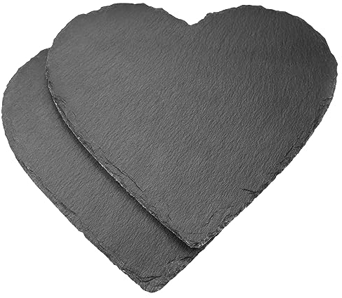 Lot de 2 plateaux de service en ardoise - 20 x 20 cm - En ardoise - En forme de cœur - Anthracite - Pour servir et écrire - Cœurs en ardoise noire - Pour buffet, sushi, fromage