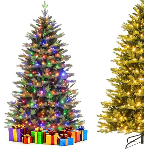 GYMAX Sapin de Noël Artificiel 180CM, Arbre de Noël Lumineux avec 350 Lumières LED & 1168 Branches & Support Métallique, Décoration de Noël pour Magasin, Maison, Bureau