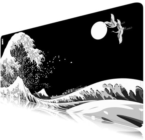 Grand tapis de souris de jeu motif vague japonaise noir et blanc, 88,9 x 40 x 0,3 cm (grande vague japonaise – Noir)