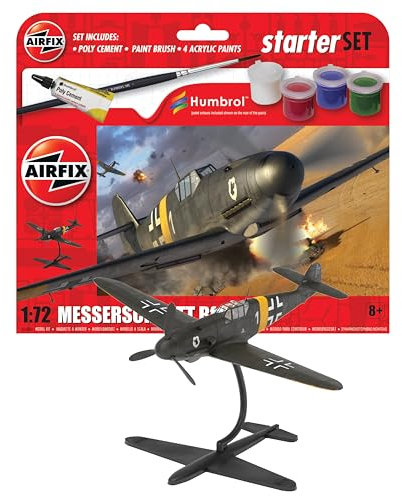 Airfix Starter Set - A55014 Messerschmitt Bf109F-4 Model Building Kit - Plastic Model Plane Kits for Adults & Children 8+, Set Includes Decals, Acrylic Paints, Brushes & Poly Cement - 1:72 Scale